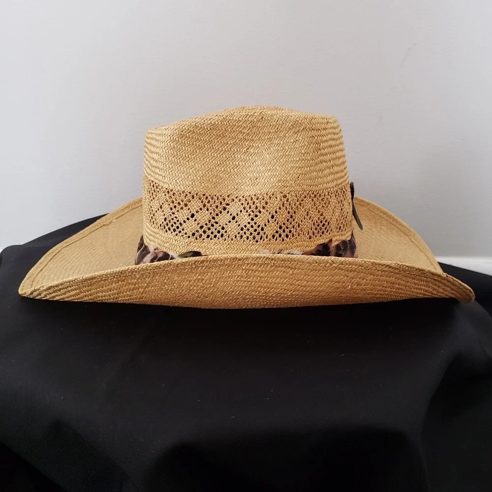 Vintage Adam Western 101 Corral Mens Straw Cowboy Hat SZ 7 Ranch Feather Band